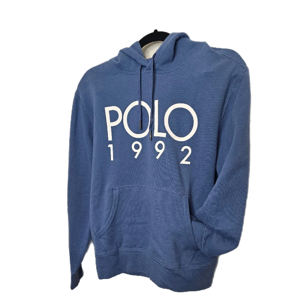 Polo Ralph Lauren 1992 Hoodie Medium Cotton-Blend Logo Fleece Pullover Blue - Picture 1 of 9